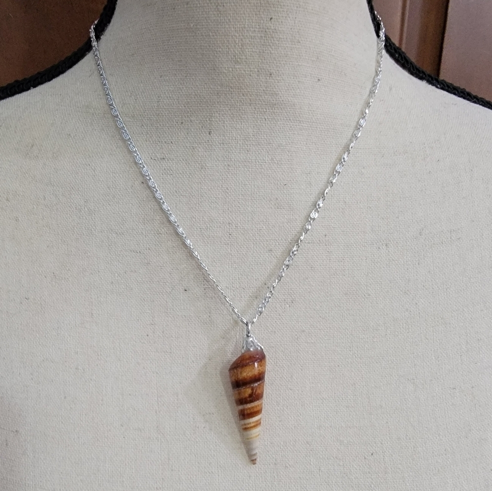 Vintage Germany Natural Cone Shell Silver Tone Pendant Necklace
